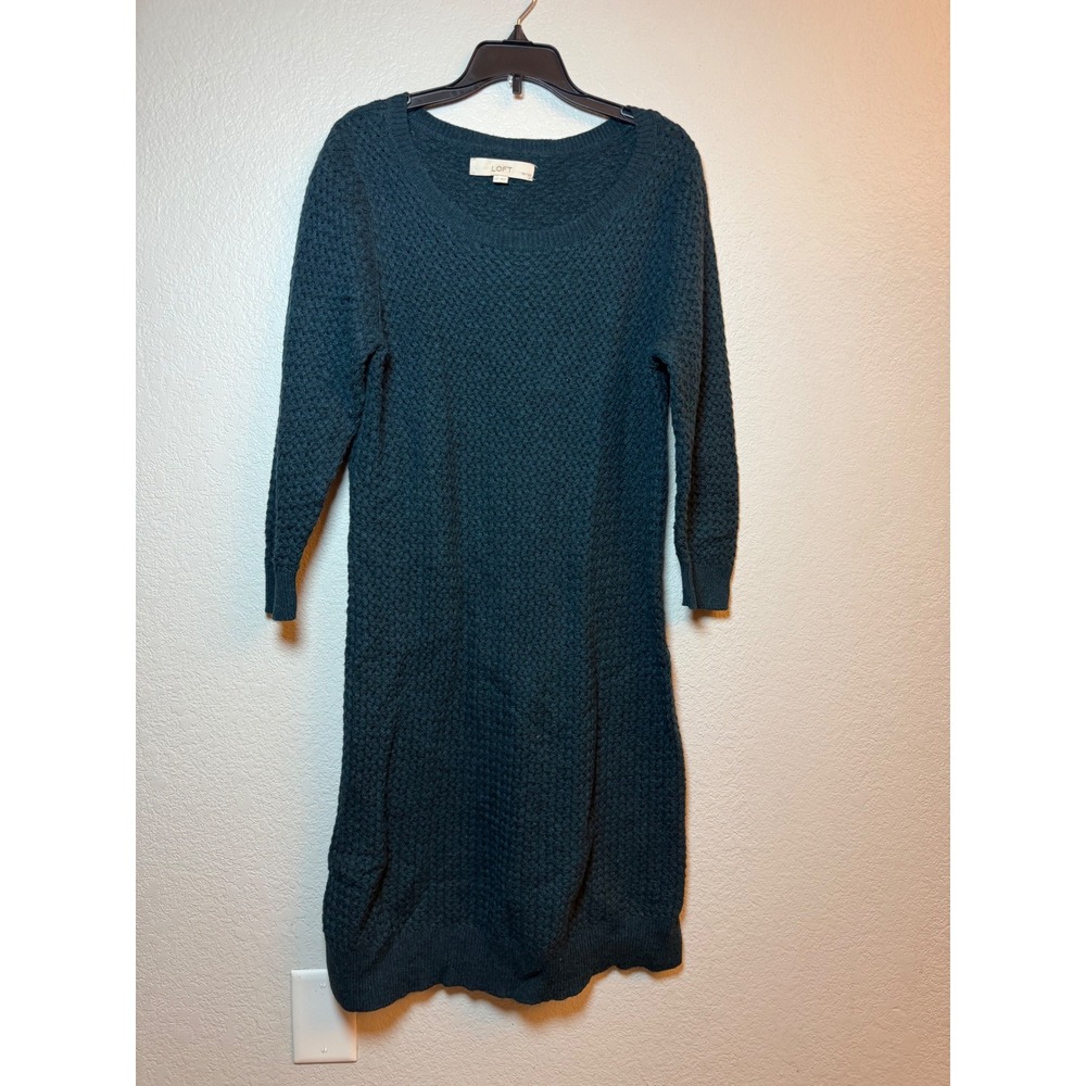 Loft Petites Hunter Green Waffle Knit Sweater Dress Camel Hair Blend LP